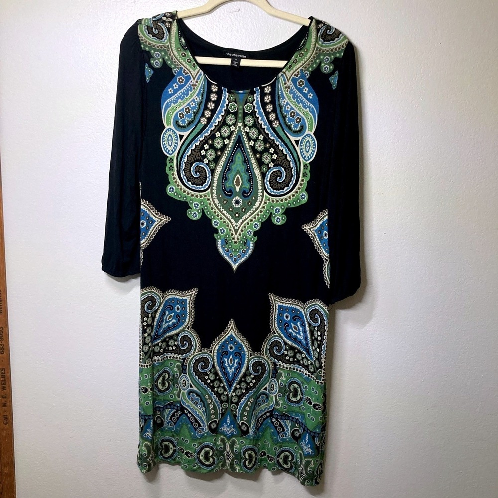Cha Cha Vente Dress Size XL Green Black Paisley 3/4 Sleeve Shift Classic